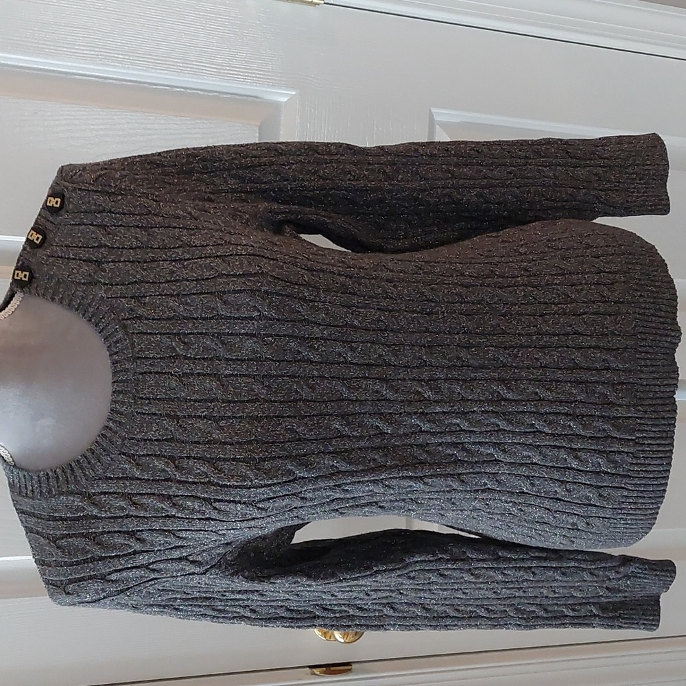 Sparkly Charter Club cable knit sweater, gray/silver, button detail. Petite L